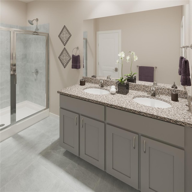 bathroom featuring walk in shower, vanity, and tile patterned floors