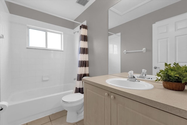 full bathroom with toilet, vanity, tile patterned flooring, and shower / bath combination with curtain