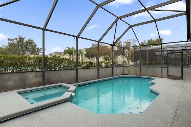 view of swimming pool with a patio, glass enclosure, and an in ground hot tub