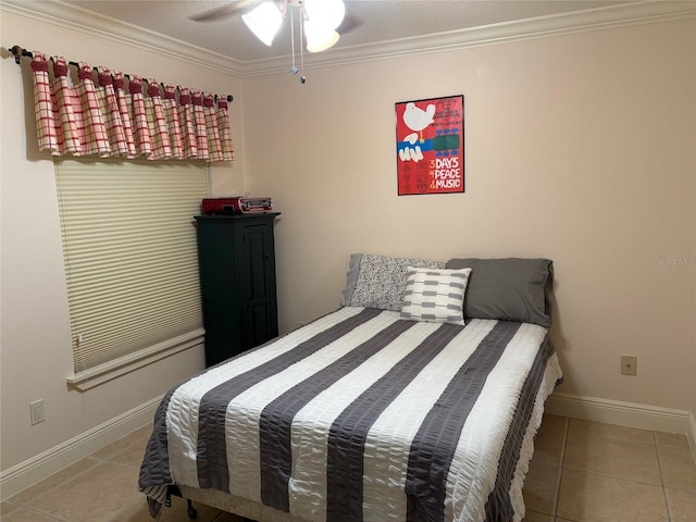 bedroom featuring ornamental molding, ceiling fan, and light tile patterned flooring