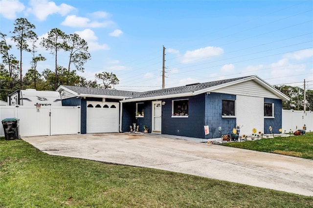 ranch-style home featuring a garage and a front yard