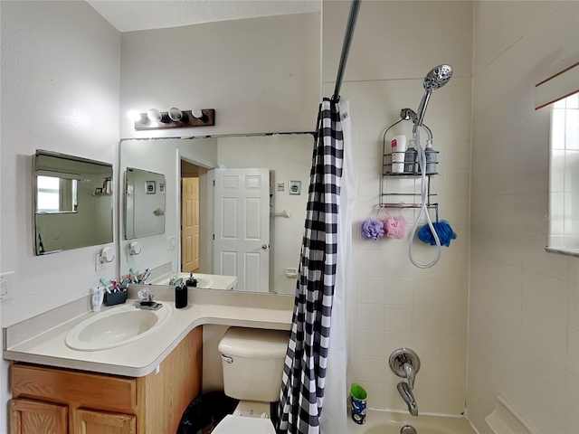 full bathroom with toilet, vanity, and shower / bath combination with curtain