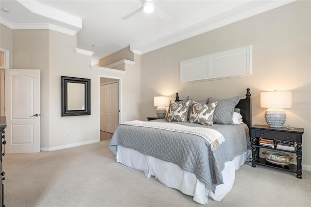 bedroom with ceiling fan, ornamental molding, and light carpet