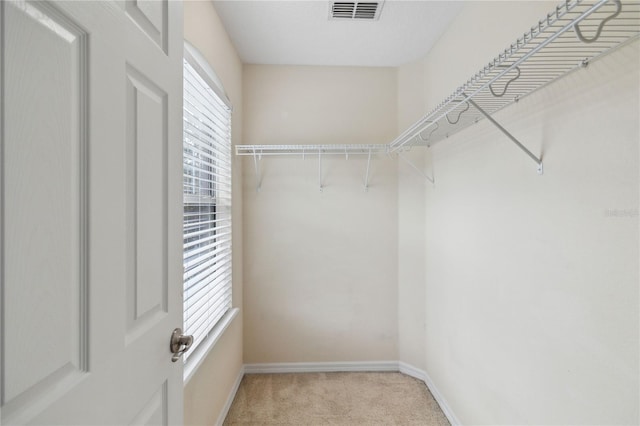 spacious closet featuring light carpet