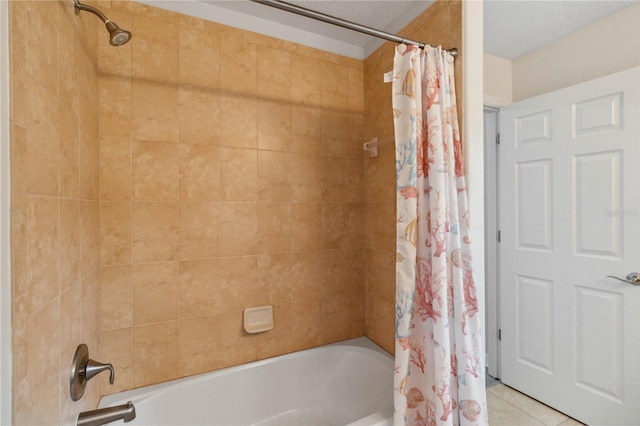 bathroom with tile patterned flooring and shower / bath combination with curtain