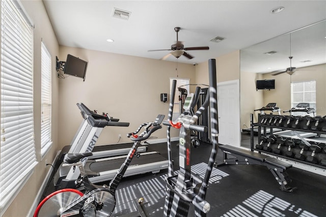 exercise area featuring ceiling fan