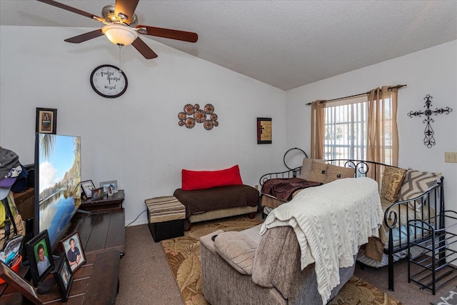 carpeted living room with lofted ceiling, ceiling fan, and a textured ceiling