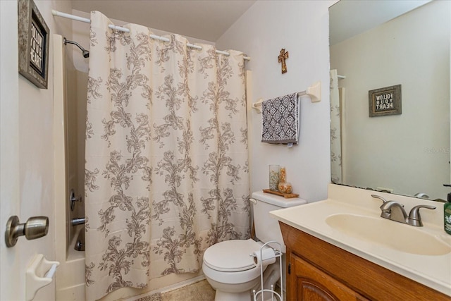 full bathroom featuring tile patterned floors, toilet, vanity, and shower / bath combination with curtain