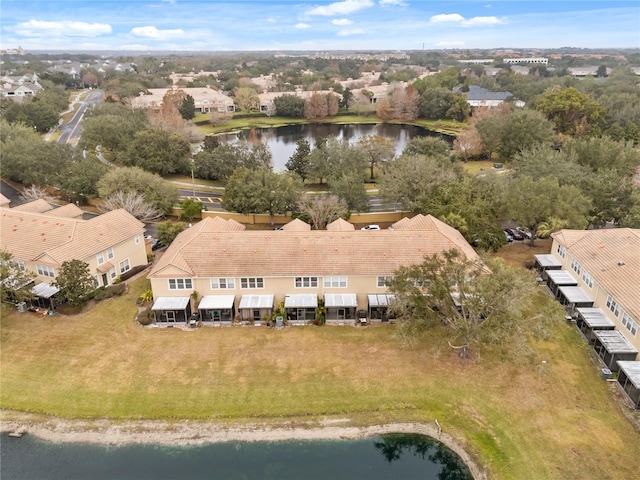 drone / aerial view with a water view