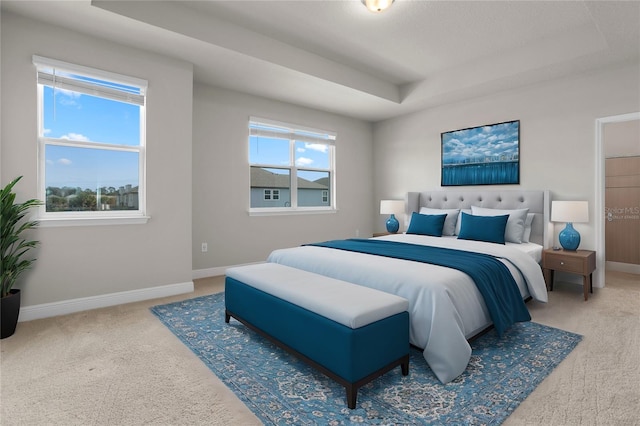 bedroom with carpet and a tray ceiling