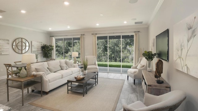 living room featuring crown molding