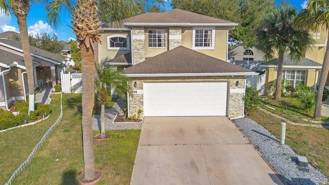 view of front of house featuring a front lawn and a garage