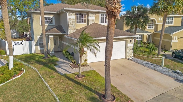 view of front of house with a garage and a front lawn