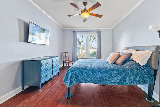 bedroom featuring crown molding, a textured ceiling, ceiling fan, and dark hardwood / wood-style flooring