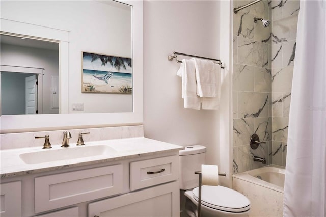 full bathroom featuring vanity, shower / bath combination with curtain, and toilet