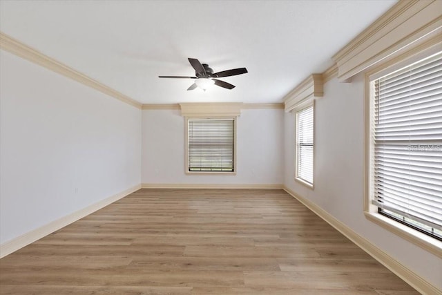 unfurnished room with ceiling fan, ornamental molding, and light hardwood / wood-style floors