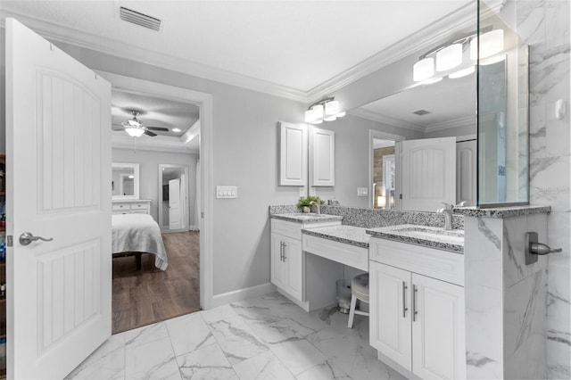 bathroom with ceiling fan, a shower, crown molding, and vanity