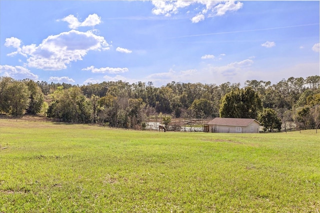 view of yard with a garage, a forest view, and a rural view