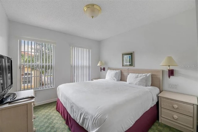 bedroom with a textured ceiling and carpet