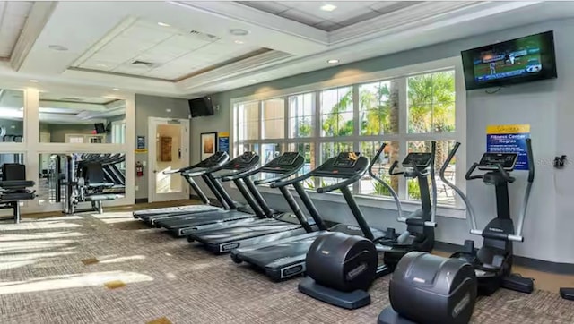 gym featuring a healthy amount of sunlight and crown molding