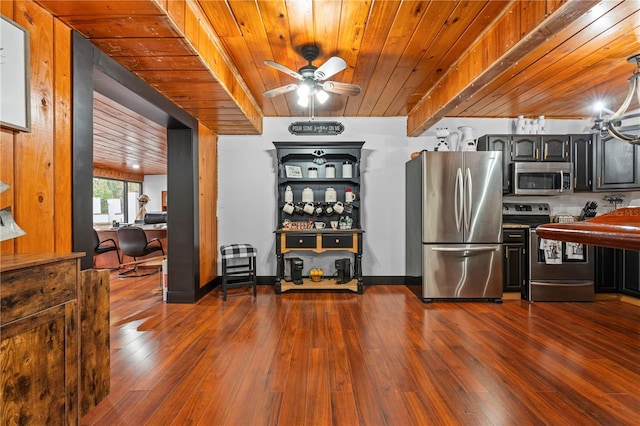 kitchen featuring ceiling fan, wooden ceiling, appliances with stainless steel finishes, and dark hardwood / wood-style floors