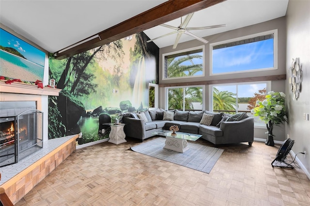 sunroom featuring ceiling fan and beam ceiling