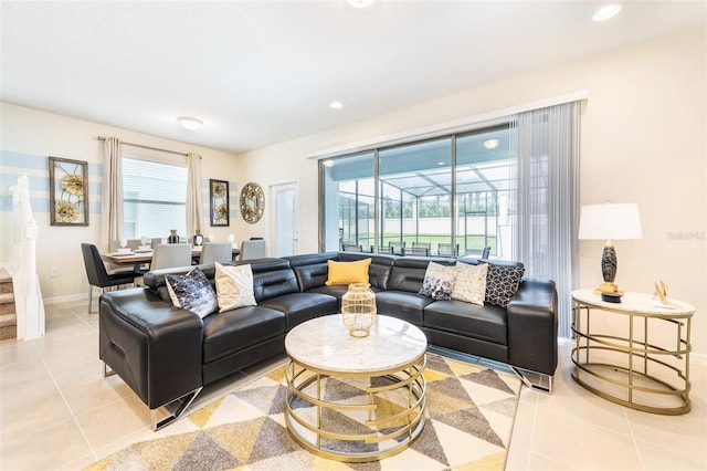 living room featuring light tile patterned flooring