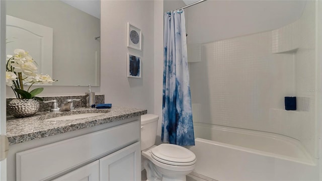 full bathroom featuring toilet, vanity, and shower / bath combination with curtain