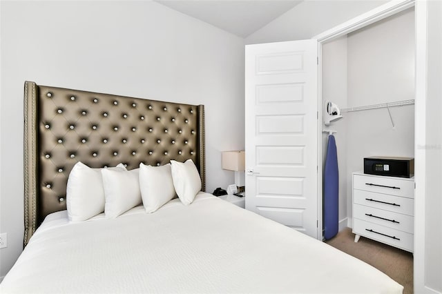 carpeted bedroom with vaulted ceiling and a closet