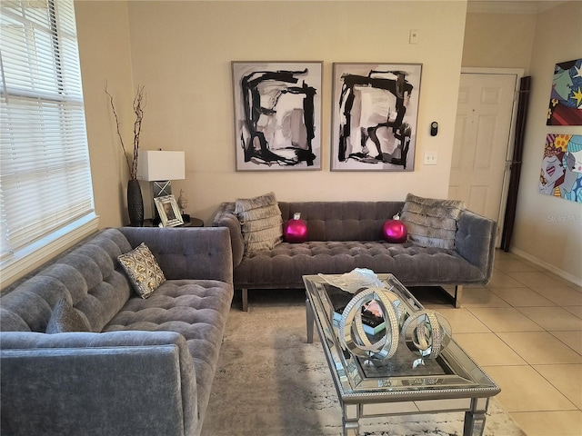 living room with tile patterned floors