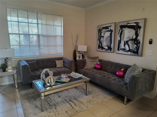 tiled living room featuring a wealth of natural light and ornamental molding