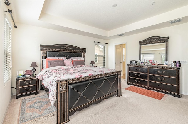 carpeted bedroom with a tray ceiling and multiple windows