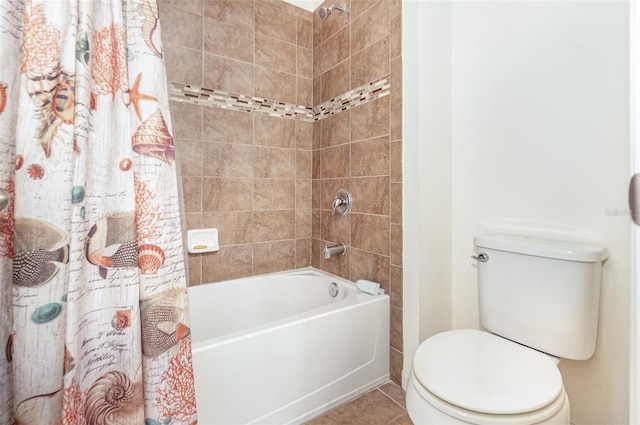 bathroom with shower / tub combo with curtain, toilet, and tile patterned flooring