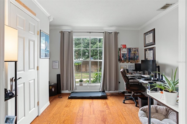 office featuring light hardwood / wood-style floors, a textured ceiling, and ornamental molding