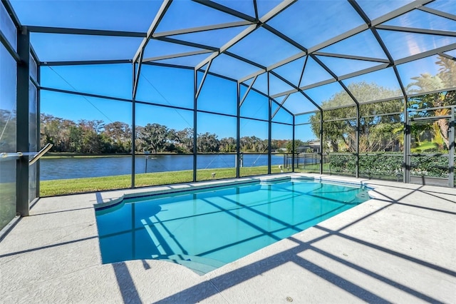 view of swimming pool featuring a patio area, a lanai, a lawn, and a water view