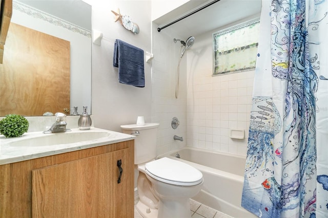 full bathroom featuring toilet, vanity, shower / bath combo, and tile patterned flooring