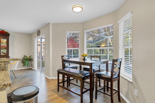 dining room featuring a textured ceiling and hardwood / wood-style floors