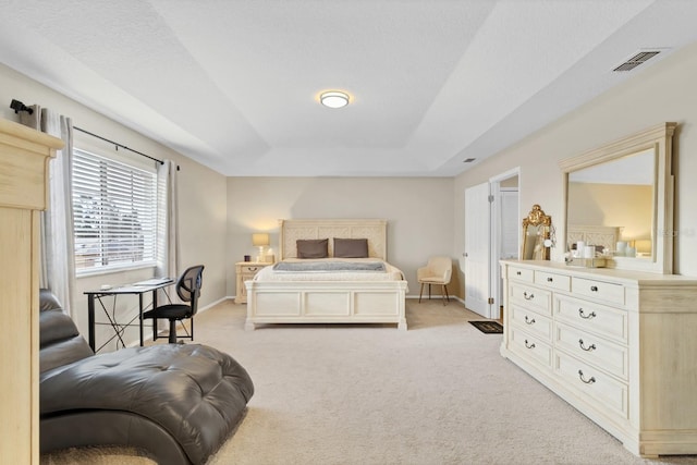 carpeted bedroom with a tray ceiling