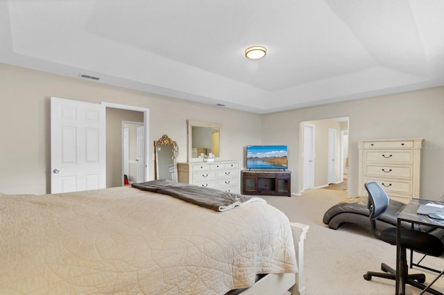 carpeted bedroom with a raised ceiling