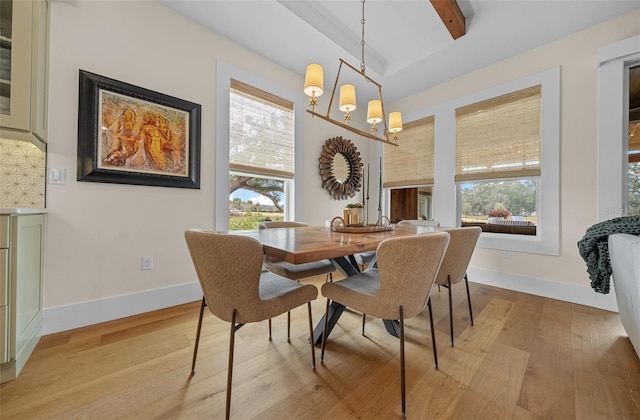 dining area with beam ceiling, light hardwood / wood-style floors, and a chandelier