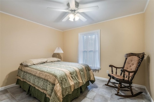 bedroom with ceiling fan and ornamental molding