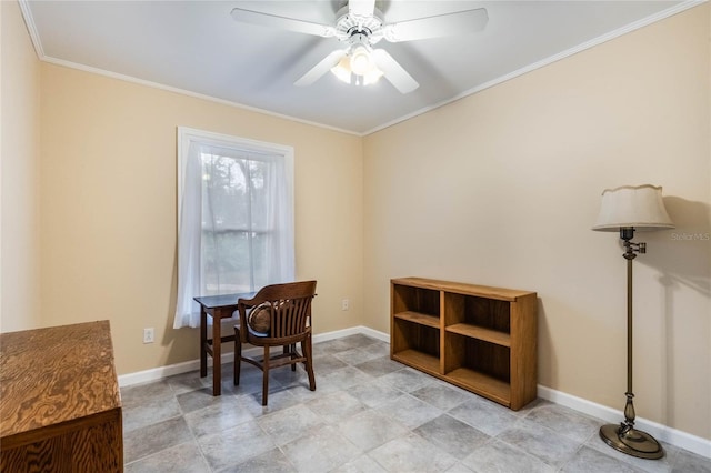 office area with ceiling fan and ornamental molding