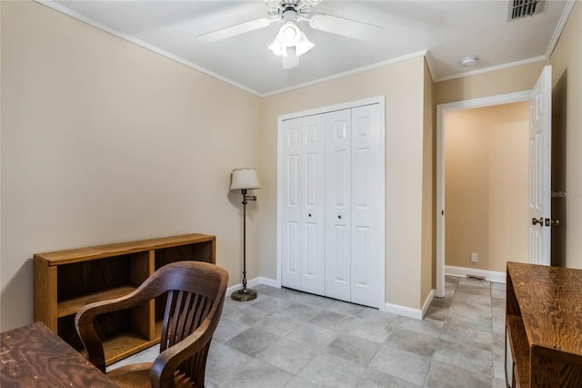 office area featuring ceiling fan and crown molding