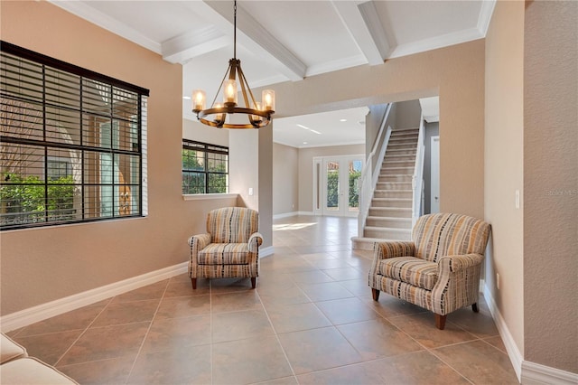 living area with tile patterned flooring, beamed ceiling, ornamental molding, and a healthy amount of sunlight