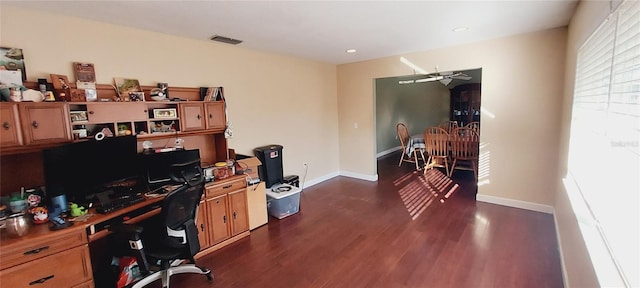 office with dark wood-type flooring, recessed lighting, visible vents, and baseboards