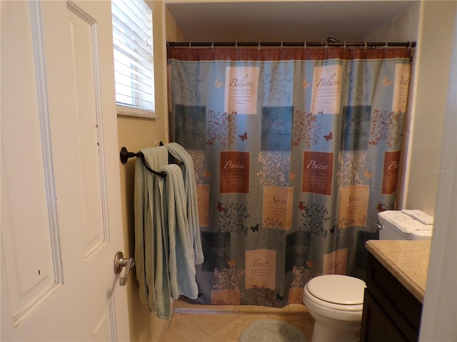 full bathroom with toilet, tile patterned flooring, vanity, and a shower with curtain