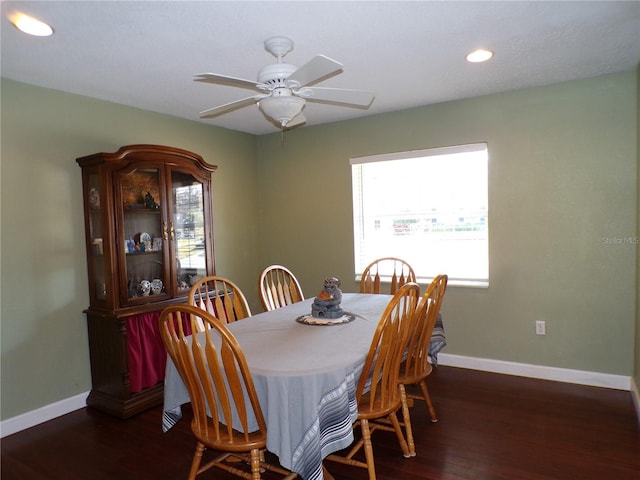 dining area featuring a ceiling fan, recessed lighting, baseboards, and wood finished floors