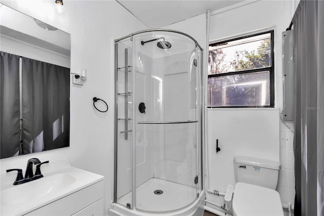 bathroom with vanity, an enclosed shower, and toilet