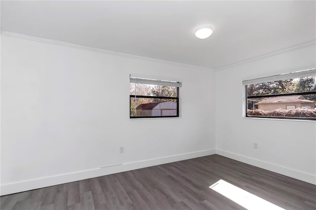 spare room featuring dark wood-type flooring, ornamental molding, and a healthy amount of sunlight