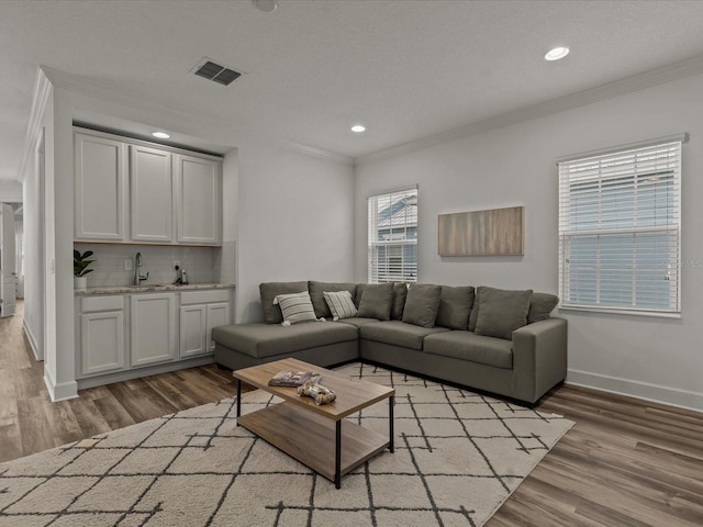 living room featuring crown molding, light hardwood / wood-style floors, and indoor wet bar